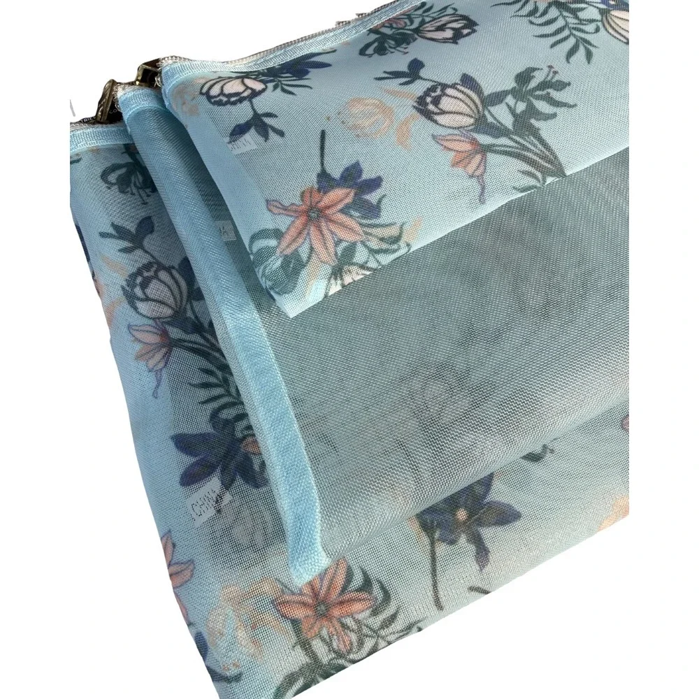 NEW Bebe 3 Piece Mesh Travel Pouch Set Blue Floral Cosmetic Makeup Bags